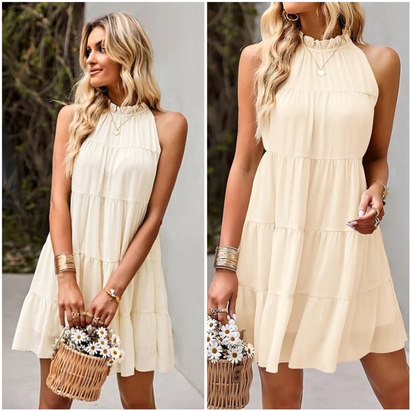 NWT Kirundo Yellow Halter Sleeveless Frilly Ruffle Tiered Mini Swing Dress M - Picture 2 of 12